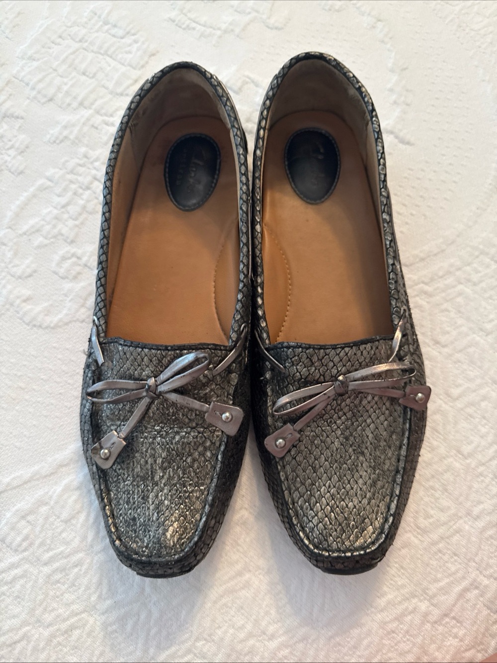 Clarks Metallic Pewter Snake-Embossed Loafers with Bow